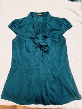 Express Design Studio Metallic Teal Cap-Sleeve Blouse Size S